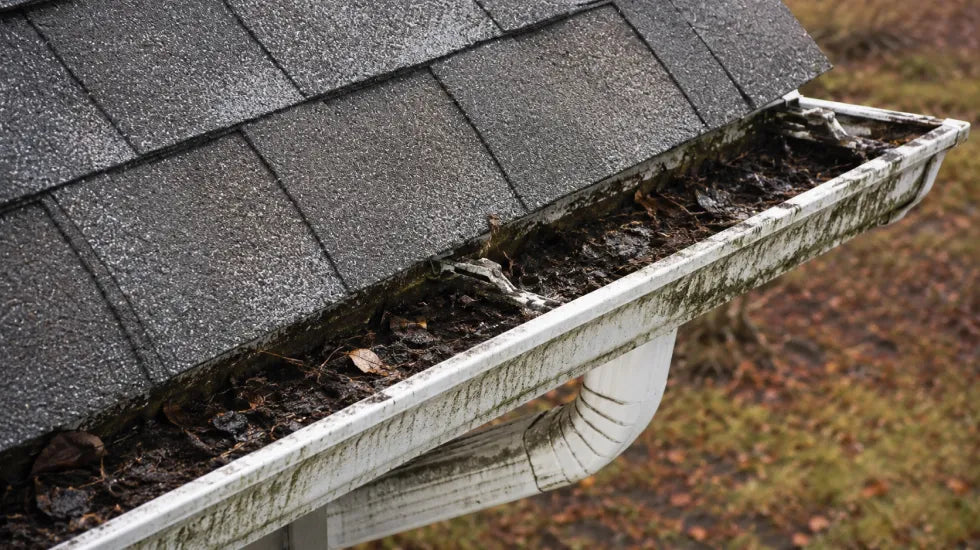 Close-up of a residential roof gutter clogged with wet leaves, dirt, and organic debris, showing buildup that can block water flow and lead to gutter problems