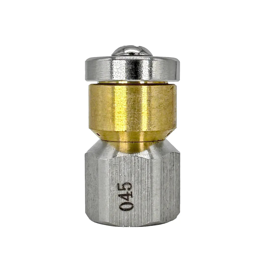 Spinning Jetting for Drain Line Cleaning - 1/4" NPT, 4000 PSI, 045 Orifice, front view showing silver hex base, brass center and spinning cap