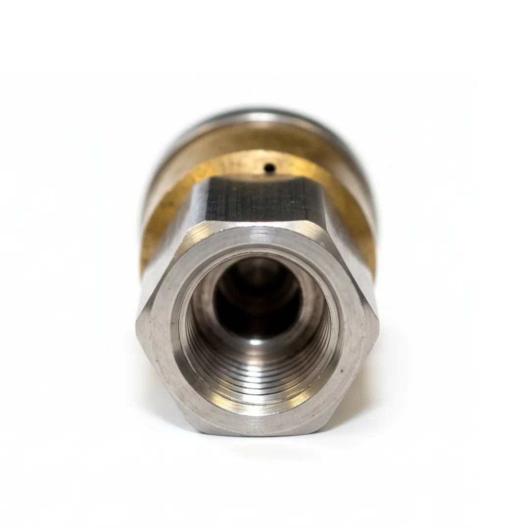 Spinning Drain Line Nozzle - 1/8" NPT, 4000 PSI Rating, 045 Orifice, straight-on rear view showing the female threaded inlet and brass jet port above