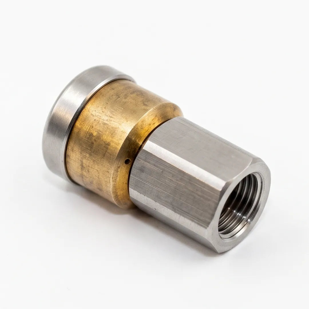 Spinning Drain Line Nozzle - 1/8" NPT, 4000 PSI Rating, 045 Orifice, angled side view showing the female threaded inlet, brass center and silver cap
