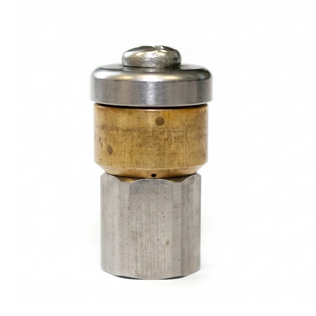 Spinning Drain Line Nozzle - 1/8" NPT, 4000 PSI Rating, 045 Orifice, upright front view showing a silver hex base, brass spinner and round silver cap