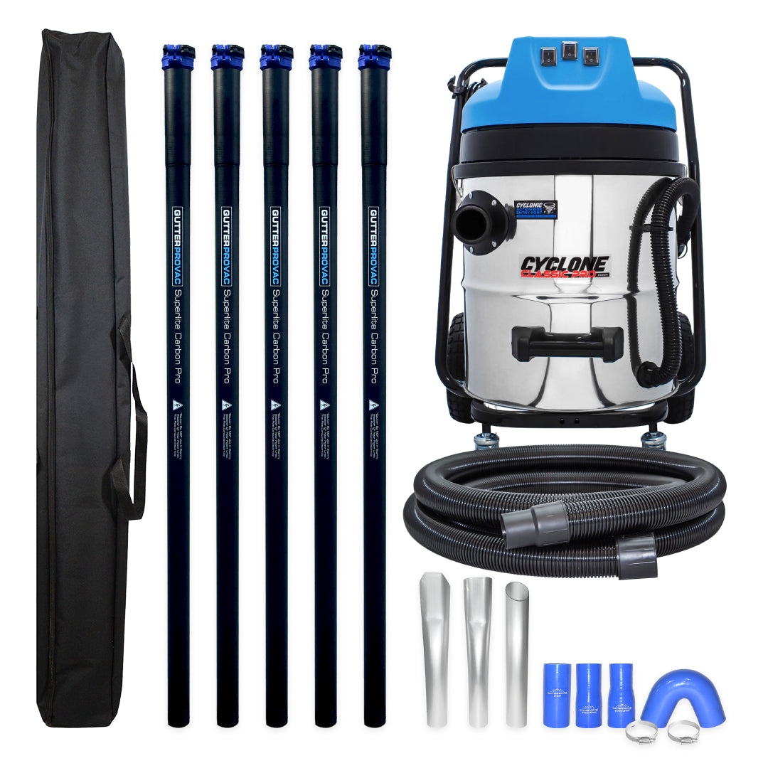 Gutter Vacuum Kit with 16 Gallon Cyclone Classic Pro Vacuum, 20 Foot Carbon Clamping Gutter Poles and Pole Carry Bag
