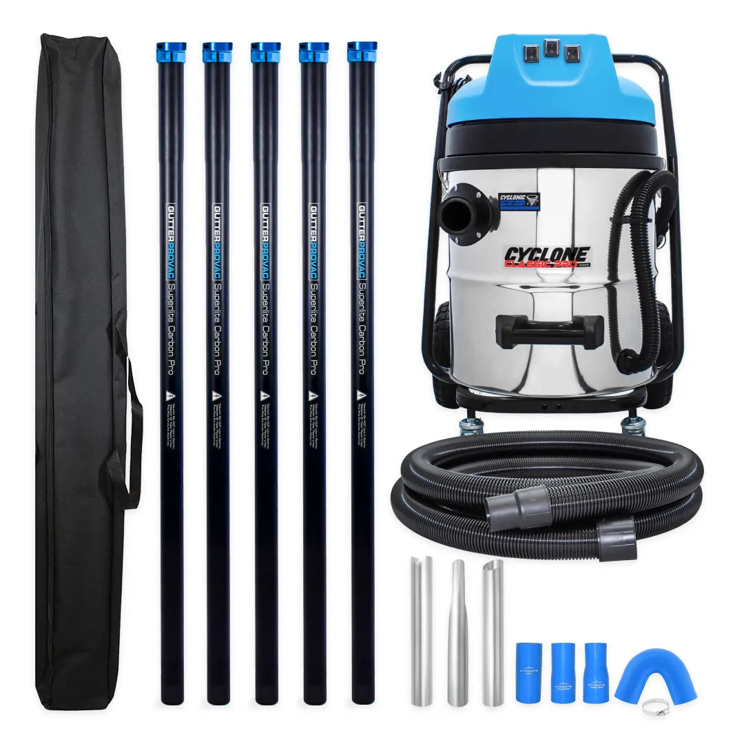 Gutter Vacuum Kit with 16 Gallon Cyclone Classic Pro Vacuum, 20 Foot Carbon Clamping Gutter Poles and Pole Carry Bag