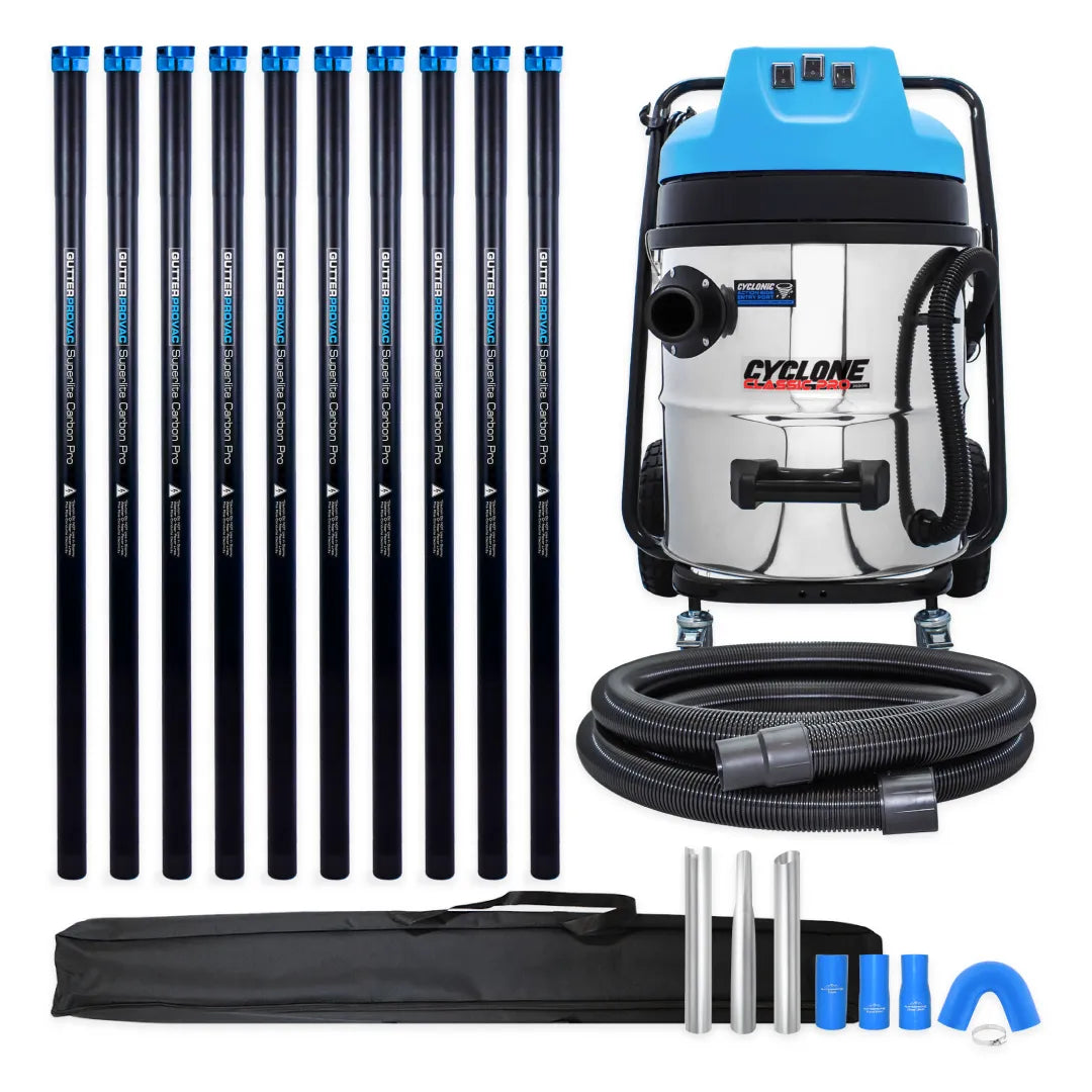 16 Gallon Cyclone Classic Pro Gutter Cleaning Vacuum with 40 Foot (3 Story) Carbon Clamping Poles and Pole Carry Bag