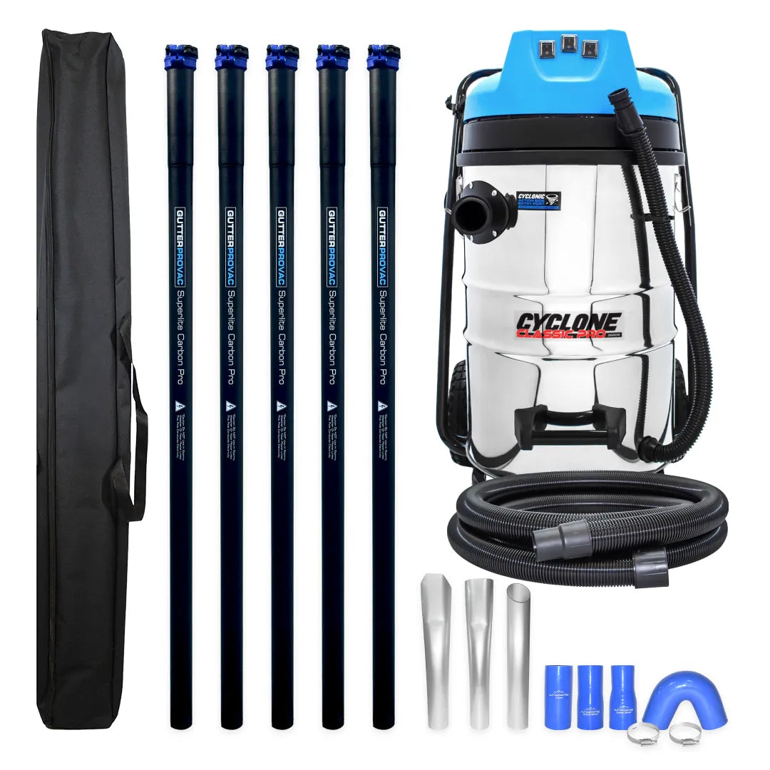 20 Gallon Classic Cyclone Gutter Vacuum Kit, 20 Foot (2 Story) Carbon Clamping Gutter Poles, Carrying Bag and 15 Foot Hose