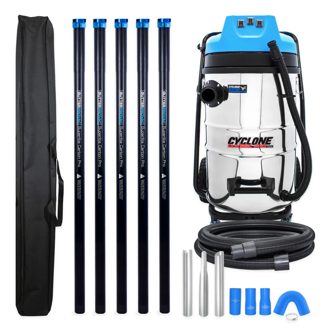 20 Gallon Cyclone Classic Pro Gutter Vacuum Kit, 20 Foot (2 Story) Carbon Clamping Gutter Poles and Carrying Bag