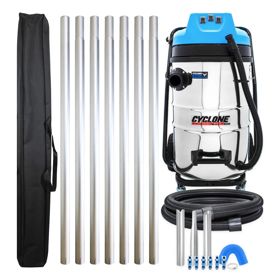 Cyclone Classic Pro 20 gallon commercial gutter vacuum kit with seven aluminum poles, carry bag, hose, nozzles, U-bend and clamps