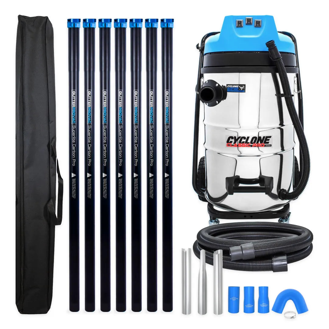 20 Gallon Cyclone Classic Pro Gutter Vacuum with 28 Foot Carbon Clamping Poles, 15ft Hose and Pole Bag
