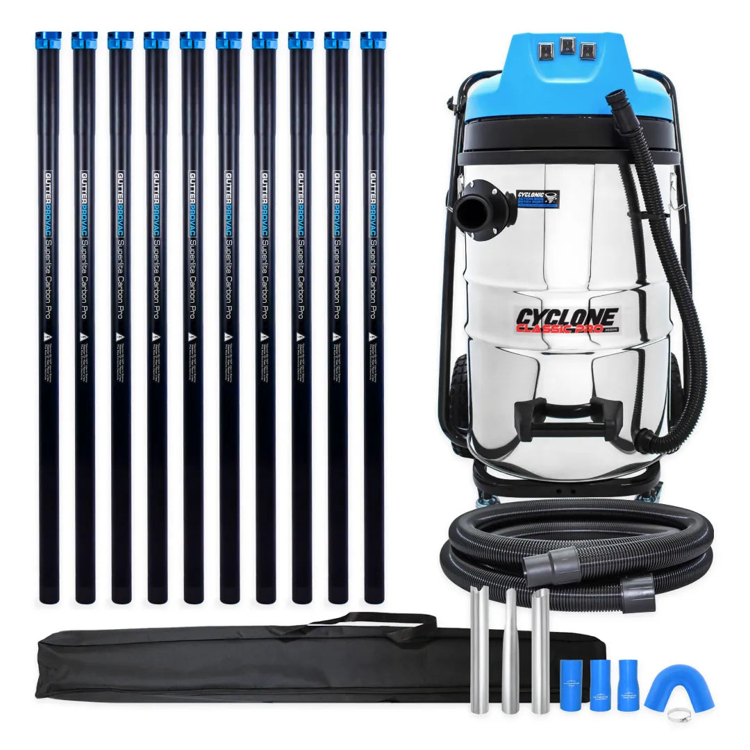 20 Gallon Cyclone Classic Pro 3600W Stainless Steel Commercial Gutter Vacuum, 40 Foot Carbon Clamping Pole Kit and Bag