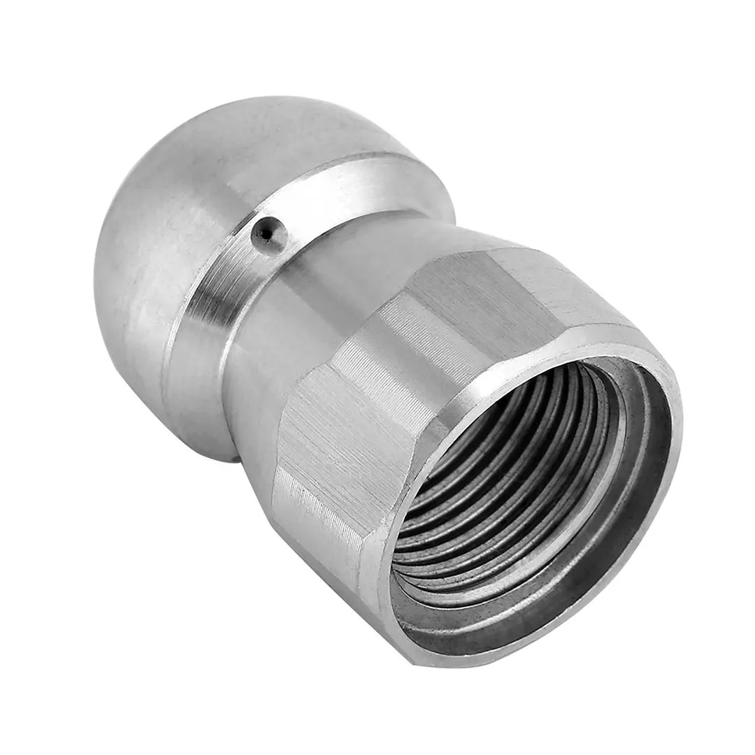 Drain & Downspout Jetting Nozzle - 3/8" NPT Female, 5500 PSI, 045 Jet Size, angled rear view showing the female threaded inlet and side jet port