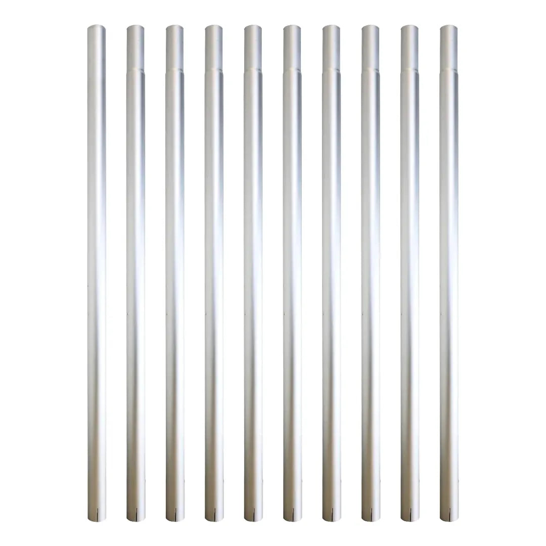 Ten aluminum gutter cleaning poles from the 40 foot pole kit, standing upright in a row, each with a stepped end that slots into the next