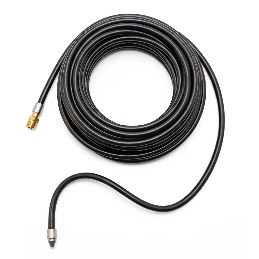 50 ft Drain & Sewer Downspout Hose - 1/4" NPT, 2300 PSI, Retrojet Nozzle, top-down view of the coiled hose with both ends extended