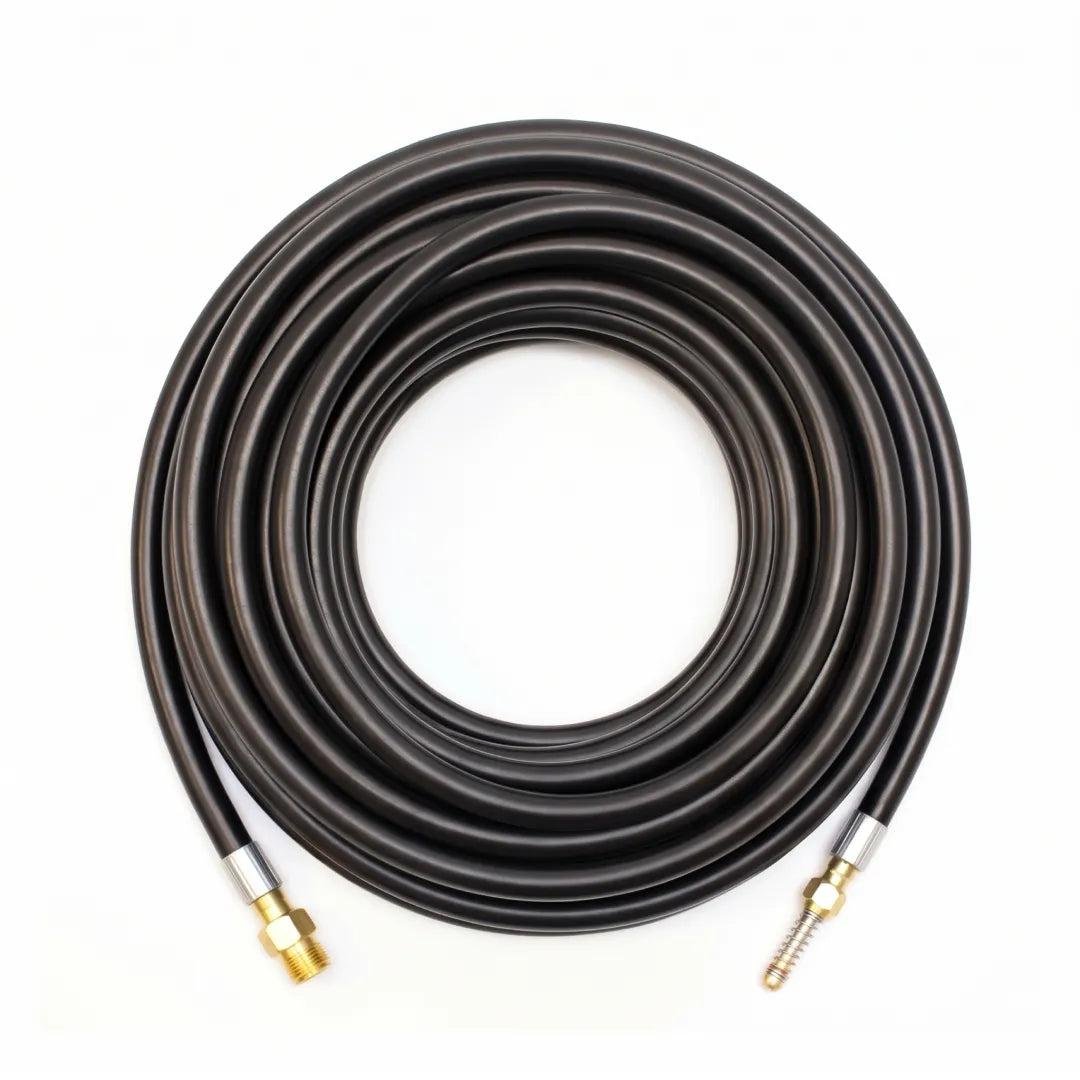 50 ft Flexible Drain & Downspout Jetter Hose - 1/4" NPT, 2300 PSI, Wiggle Nozzle, top-down view of the neat coil with brass fittings at both ends