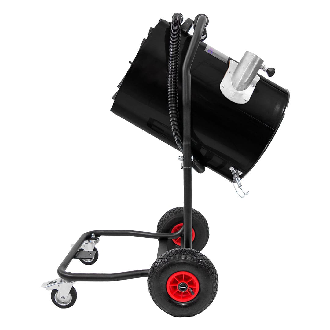 Cyclone CVP76-3 gutter vacuum in dumping position with side inlet, red pneumatic wheels, and caster frame