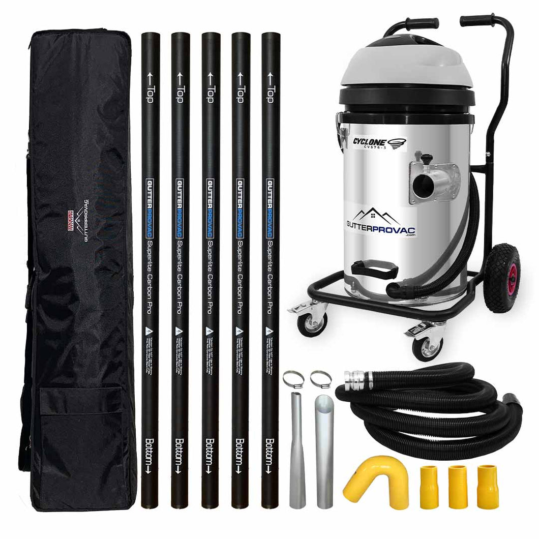 Cyclone II 3600W Stainless Steel 20 Gallon Gutter Vacuum with 20 Foot Carbon Push Fit Poles and Bag
