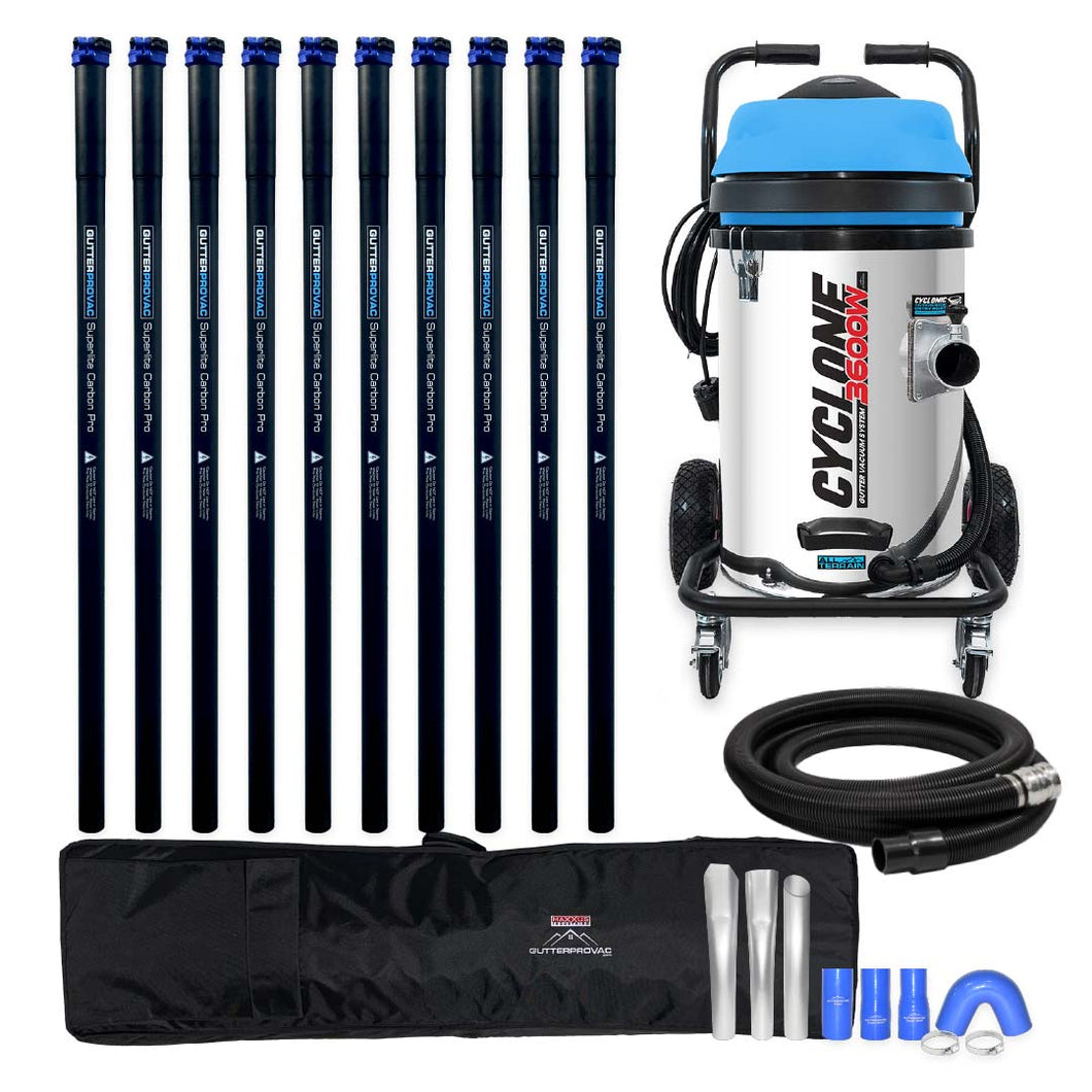 Cyclone II 3600W Stainless Steel 20 Gallon Gutter Vacuum with 40 Foot Carbon Fiber Clamping Poles and Bag