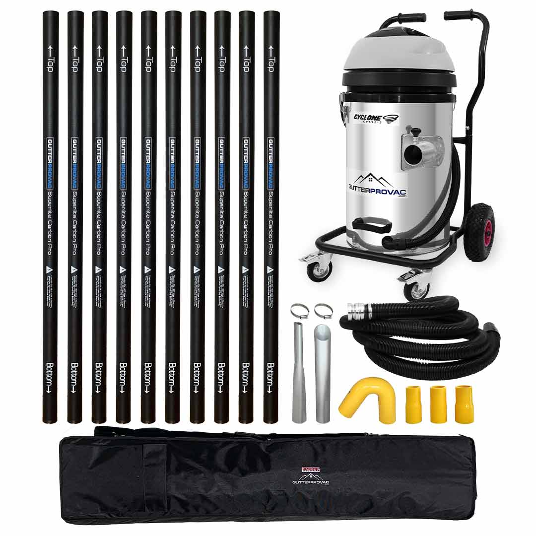 Cyclone II 3600W Stainless Steel 20 Gallon Gutter Vacuum with 40 Foot Carbon Push Fit Poles and Bag