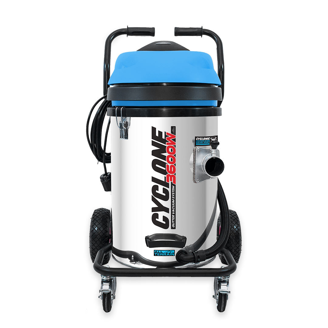 Front view of Cyclone II 3600W Gutter Vacuum with stainless steel body, blue motor head, handles, and caster wheels