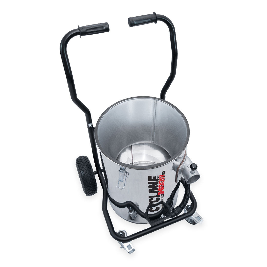 Angled top-down view of Cyclone II 3600W Gutter Vacuum showing open stainless steel drum with debris deflector