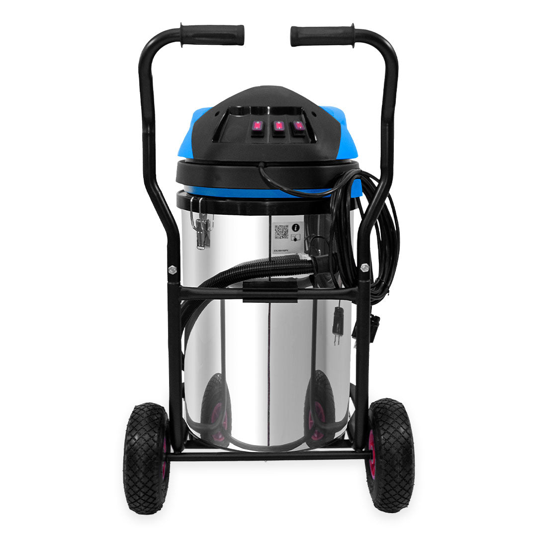 Back view of Cyclone II 3600W Gutter Vacuum showing motor switches, rear wheels, black frame, and durable handles