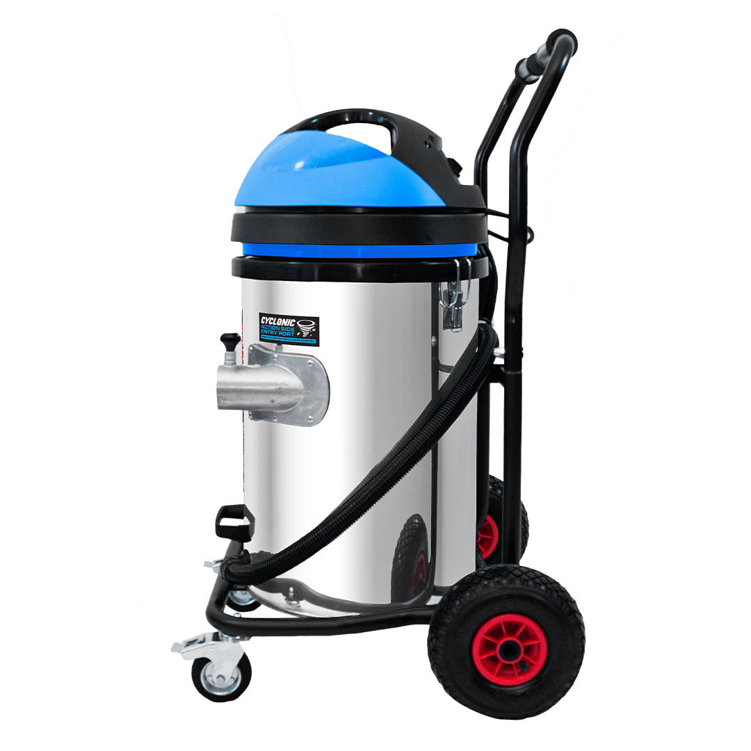 Side view of Cyclone II 3600W Gutter Vacuum with blue motor head, stainless steel body, and attached drain hose
