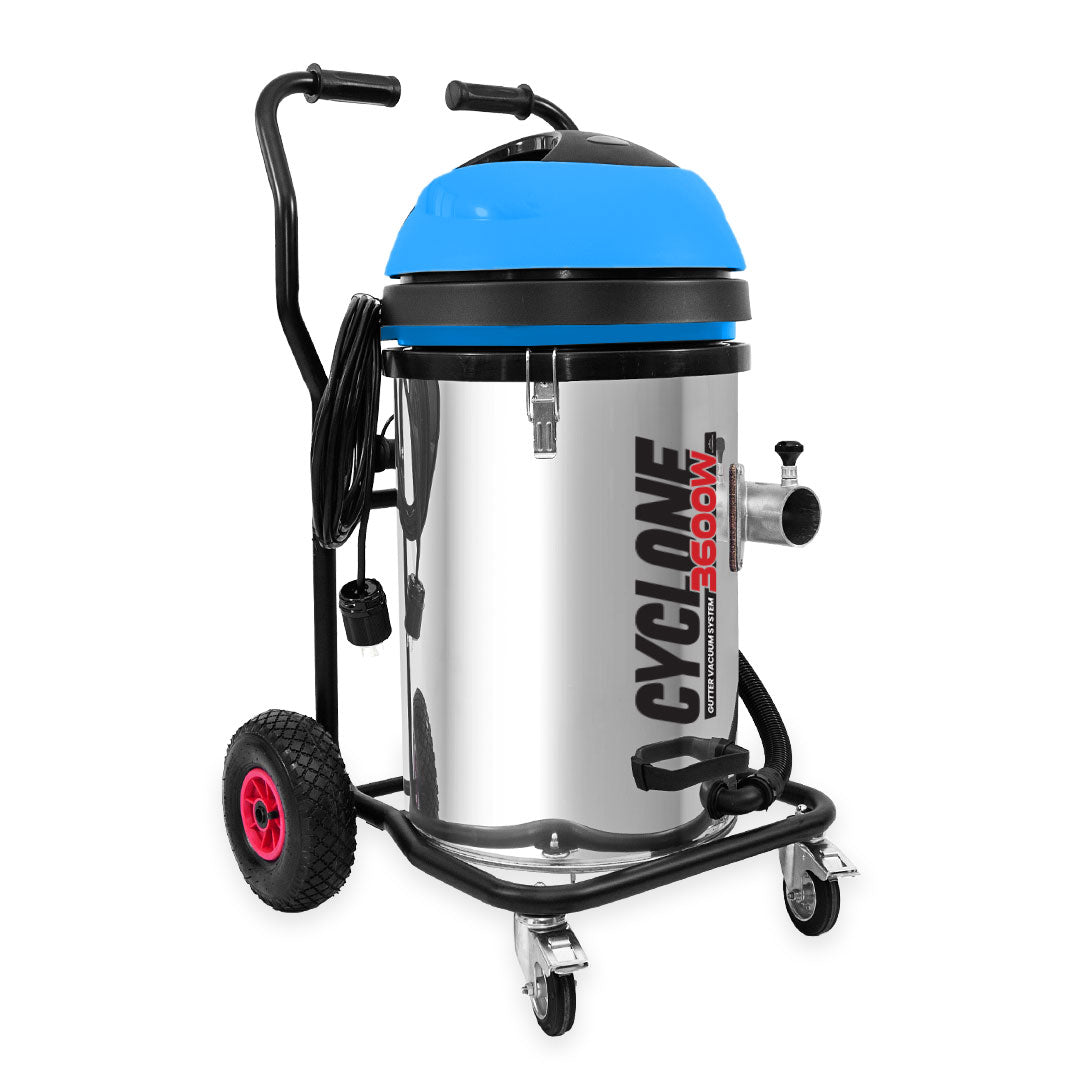 Angled side view of Cyclone II 3600W Gutter Vacuum highlighting the front and rear wheels and sleek stainless steel finish