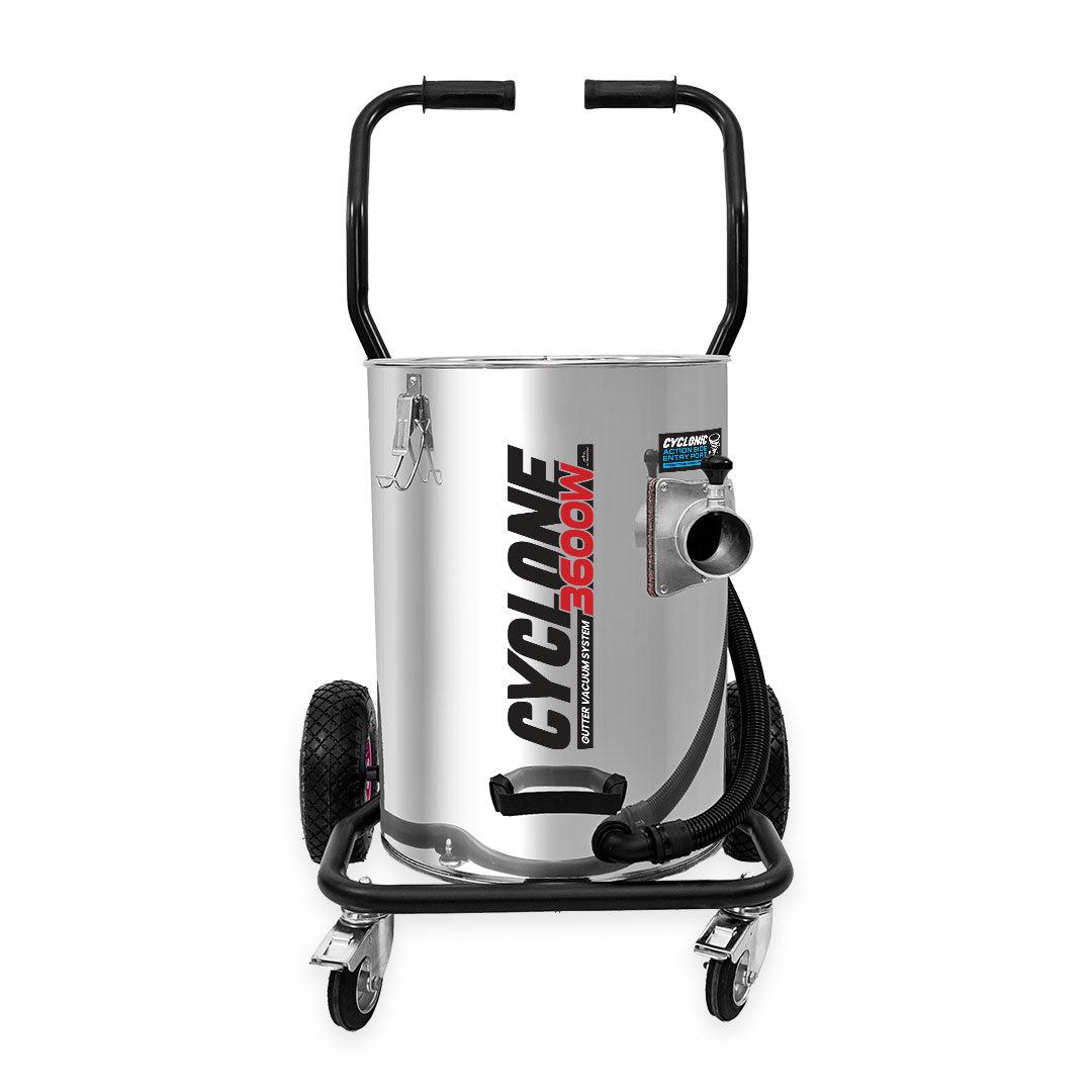 Front view of Cyclone II 3600W Gutter Vacuum tank with bold branding, stainless steel body, and mounted caster wheels