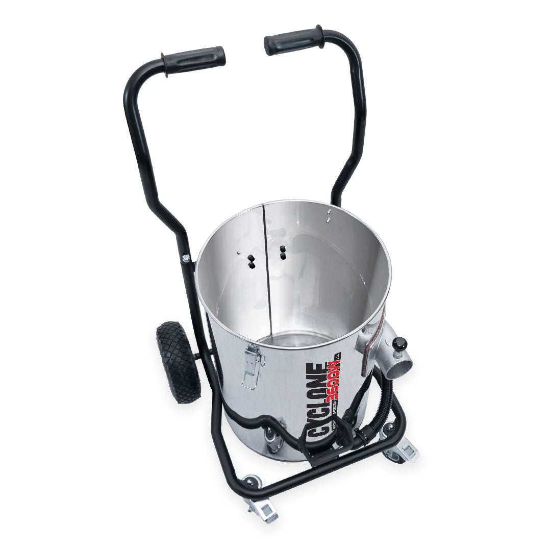 Top-down view of Cyclone II 3600W Gutter Vacuum with motor head removed, revealing empty stainless steel drum