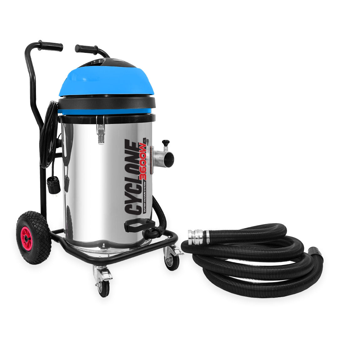 Full view of Cyclone II 3600W GutterProVac Vacuum with stainless steel body, blue motor head, handle, sturdy wheels, and coiled black hose