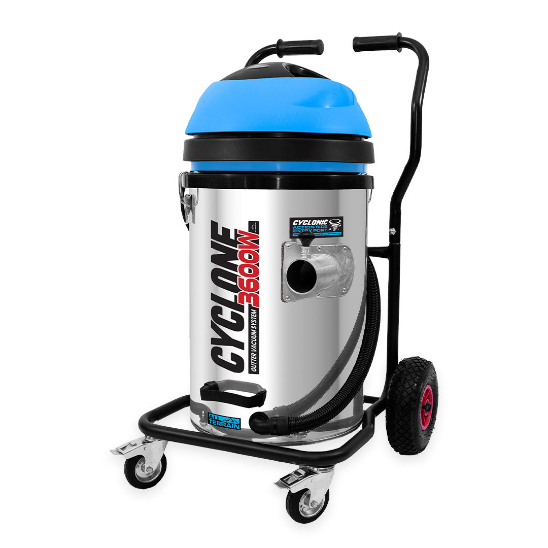 Cyclone II 3600W GutterProVac Vacuum with stainless steel tank, blue motor head, all-terrain wheels, and ergonomic handles