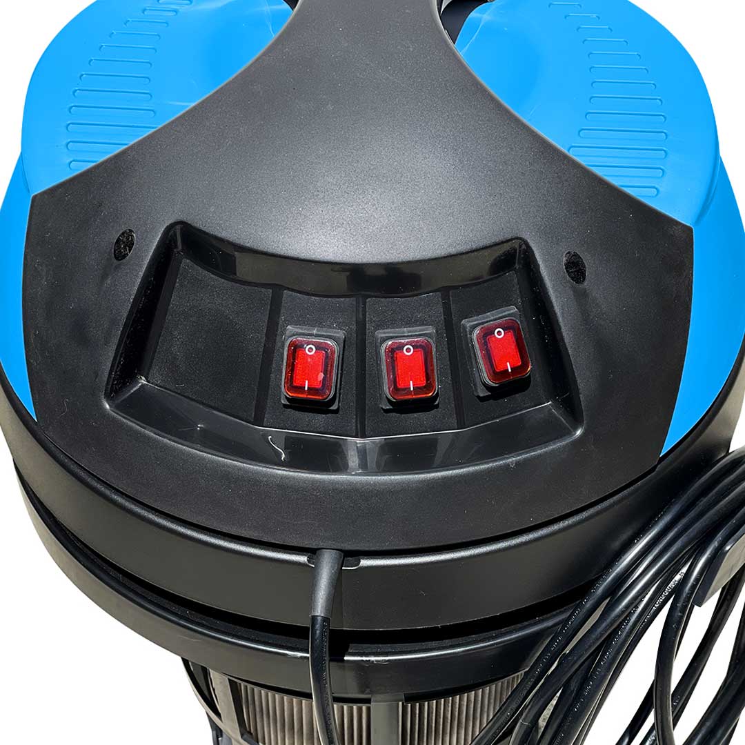 Close-up of Cyclone II 3600W motor head with black and blue design and three red power switches for motor control