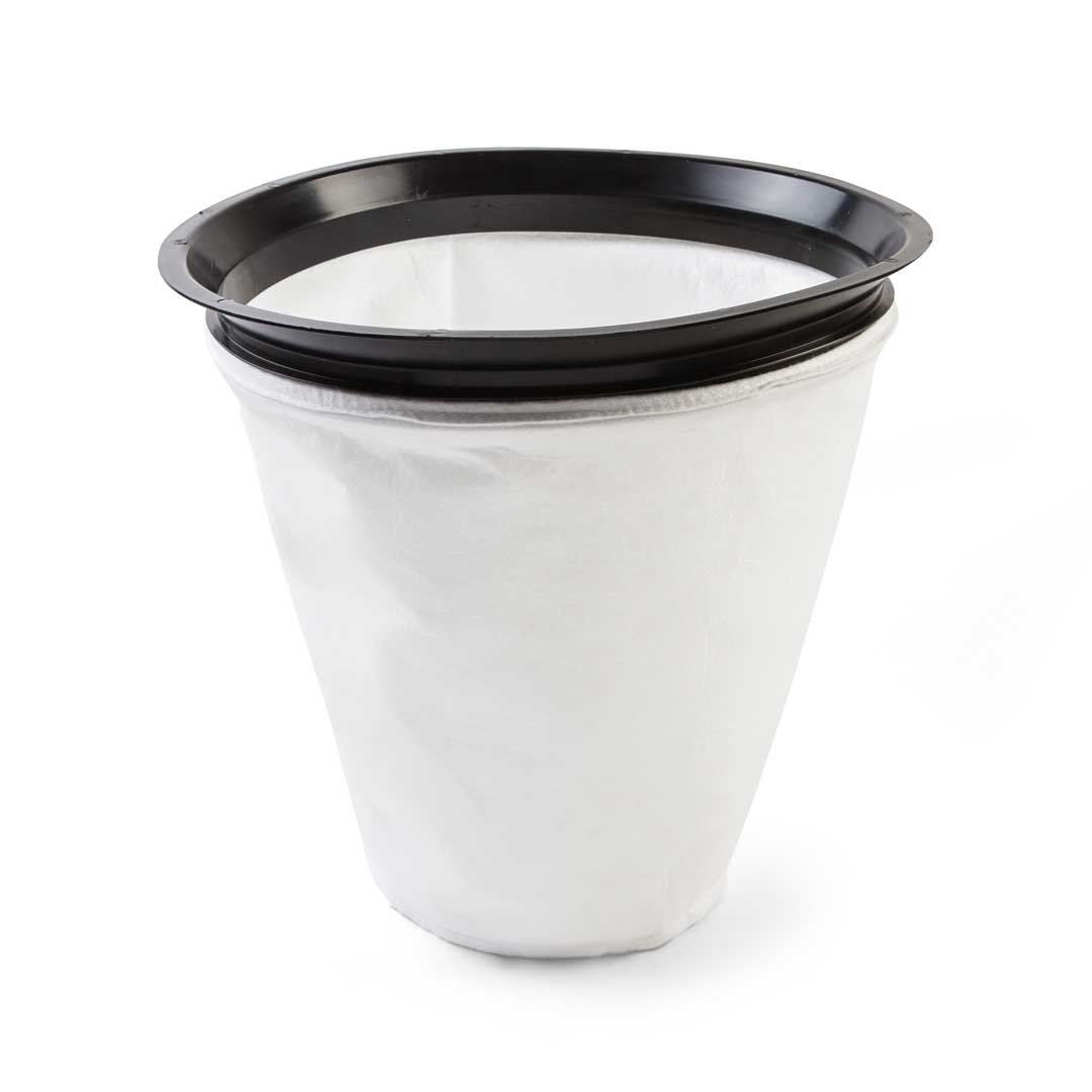 White, washable cloth filter bag with a black mounting ring