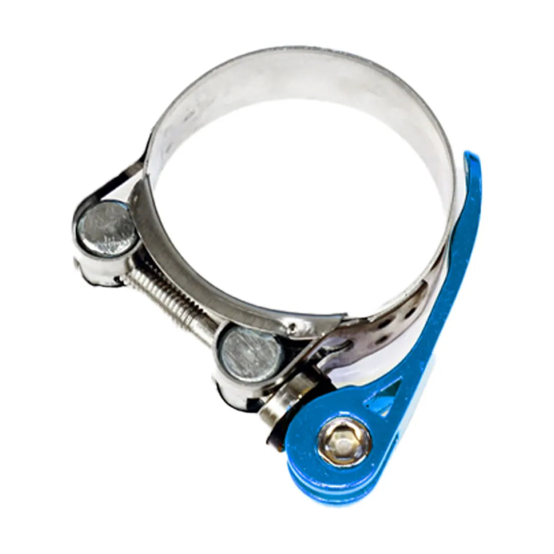 Quick-Release Gutter Pole Clamp in Silver and Blue – Adjustable metal band with a quick-release cam lever.