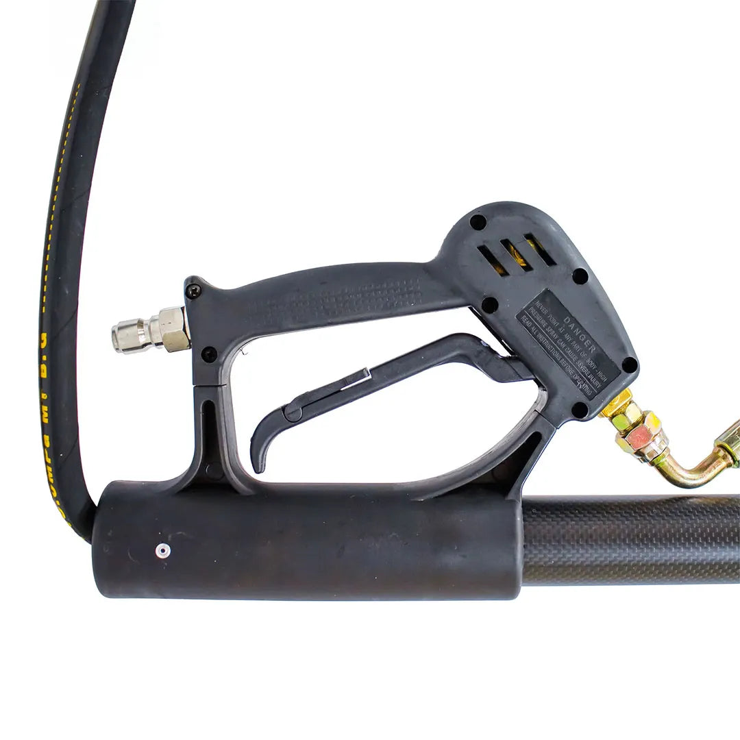 Carbon Fiber Telescoping Pressure Washer Lance Kit - 24 Foot Reach, close-up of black trigger gun, hose connection, brass elbow and carbon shaft