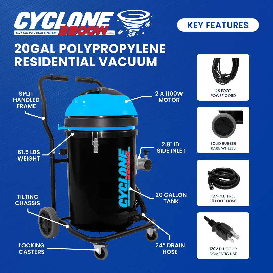 Cyclone 2200W 20 Gallon Domestic (120v) Gutter Vacuum with 20 Foot Aluminum Poles and Bag
