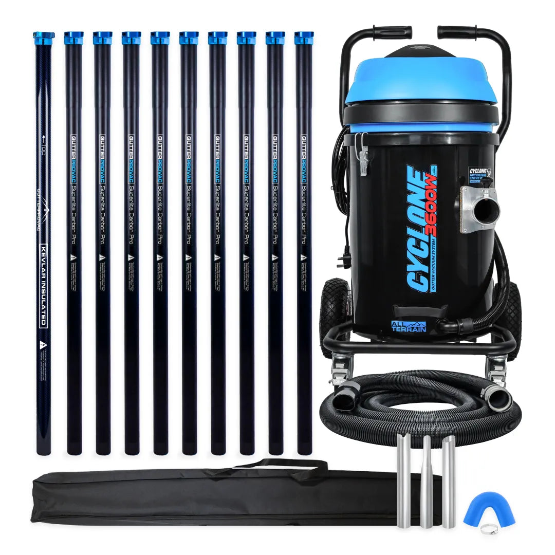 Cyclone II 3600W 20 gallon polypropylene gutter vacuum kit with ten carbon poles (bottom Kevlar insulated), bag, hose, nozzles and U-bend