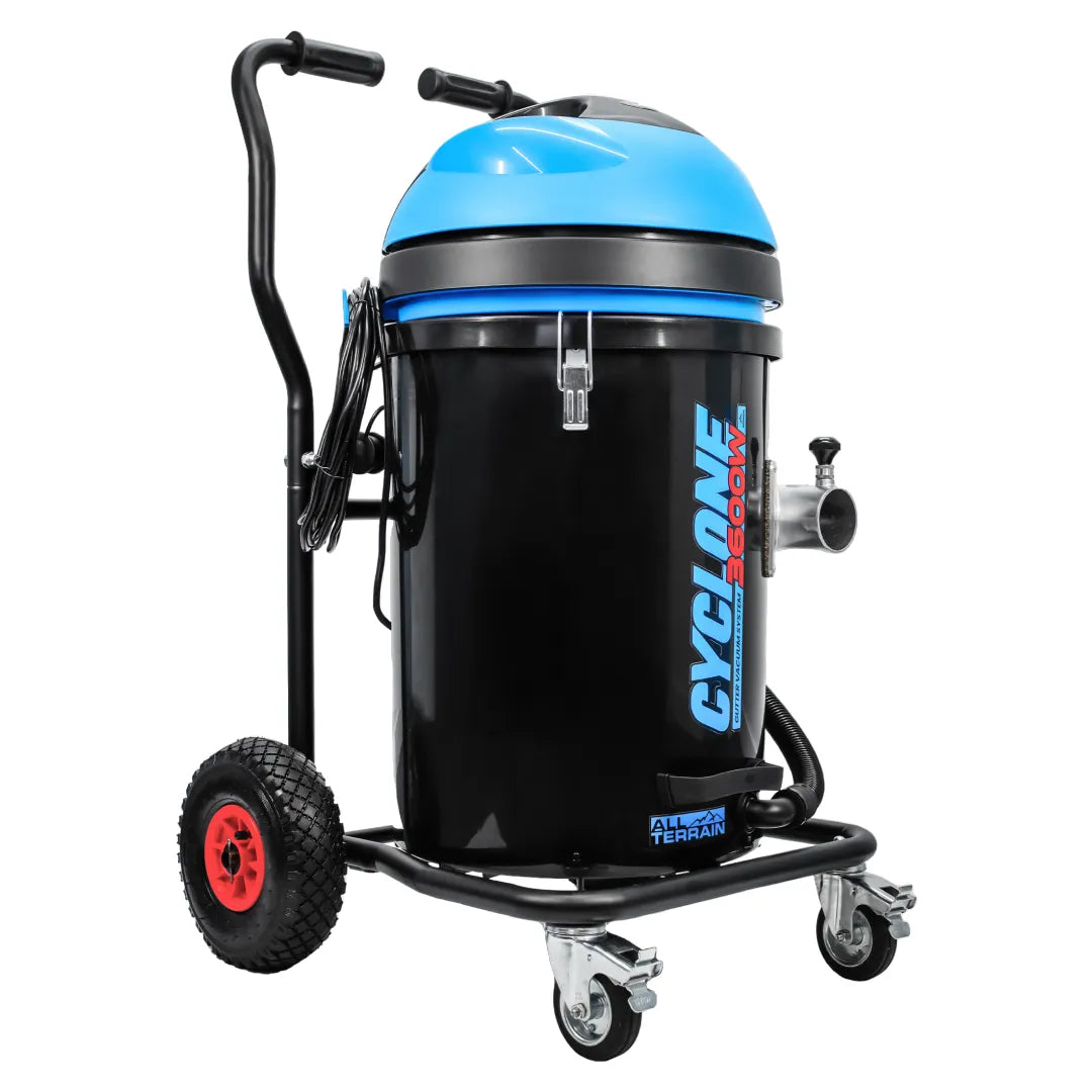 Angled front-side view of Cyclone CVP76-3 gutter vacuum with black polypropylene tank and wheeled steel frame