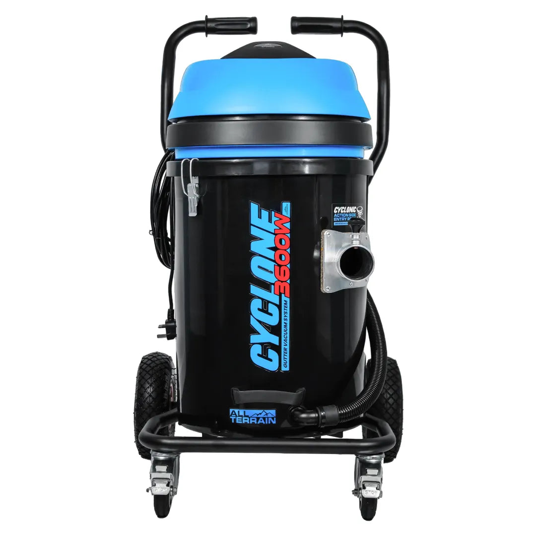 Front view of Cyclone II 3600W gutter vacuum with a black polypropylene tank, steel frame, large wheels, and flexible hose