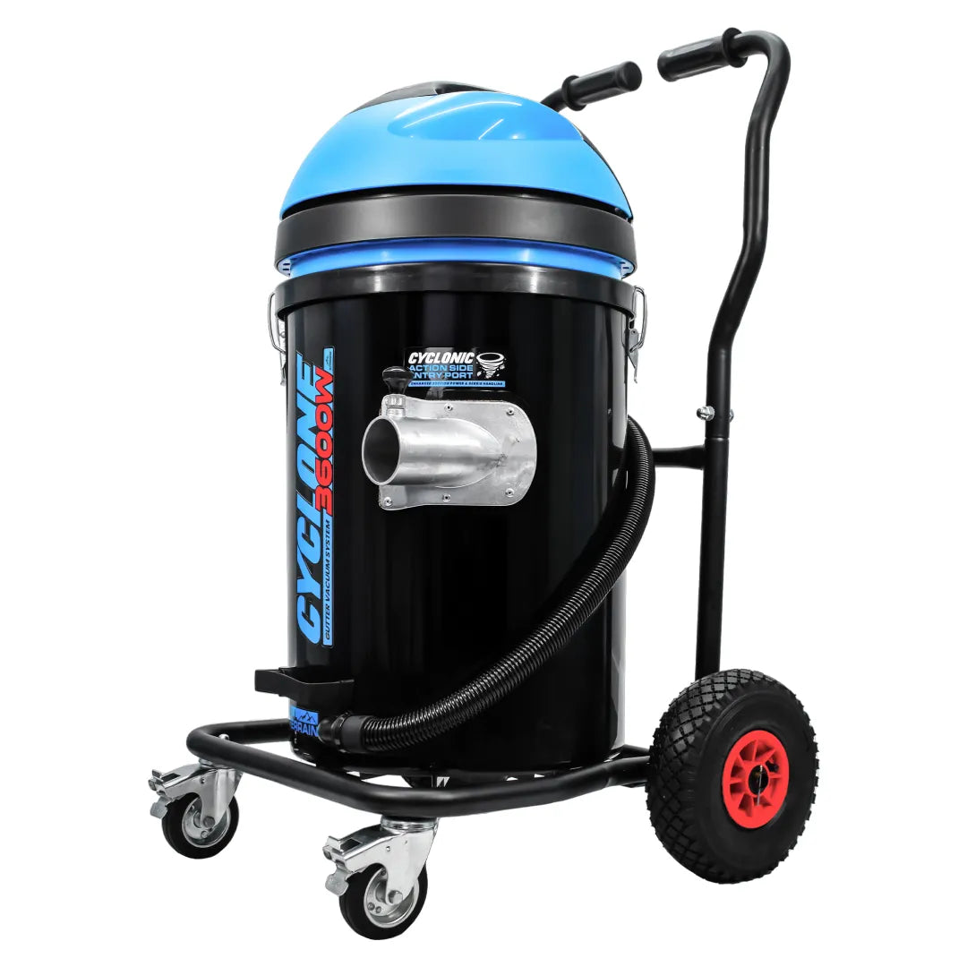 Cyclone II 3600W Gutter Vacuum with a polypropylene tank, mounted on a steel frame with large all-terrain pneumatic wheels