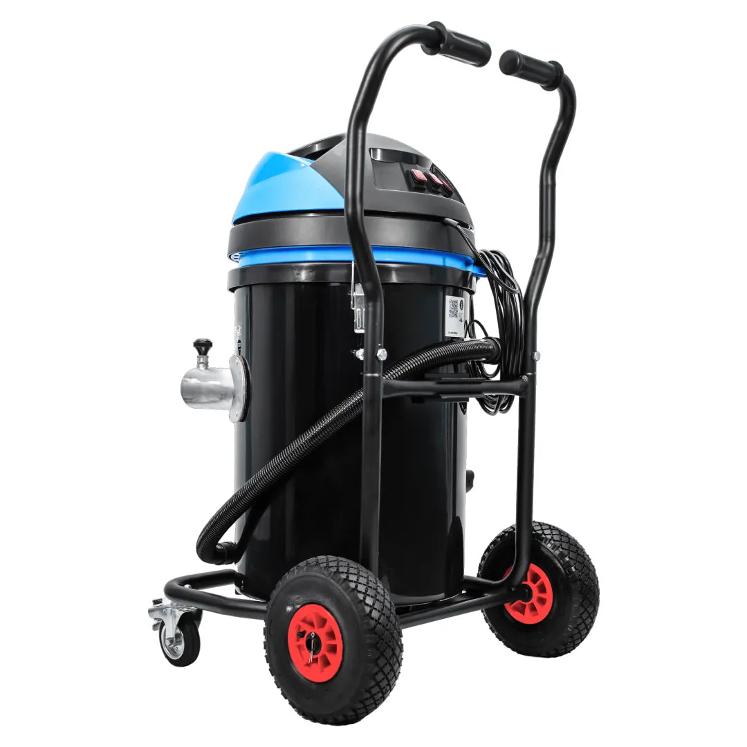 Rear view of Cyclone CVP76-3 gutter vacuum with black polypropylene tank, red switches, and drain hose