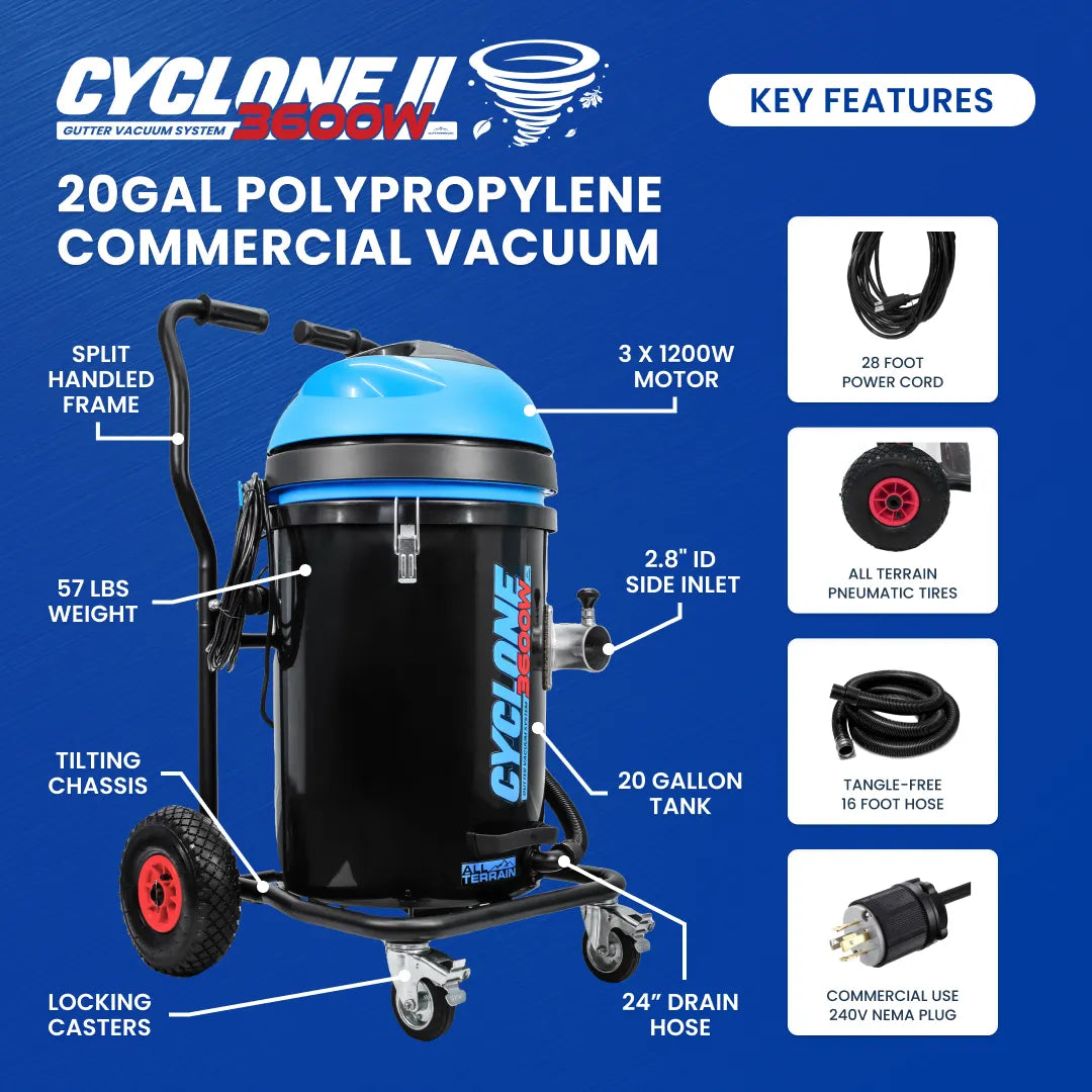 Cyclone II 3600W Polypropylene 20 Gallon Gutter Vacuum with 40 Foot Carbon Fiber Clamping Poles and Bag