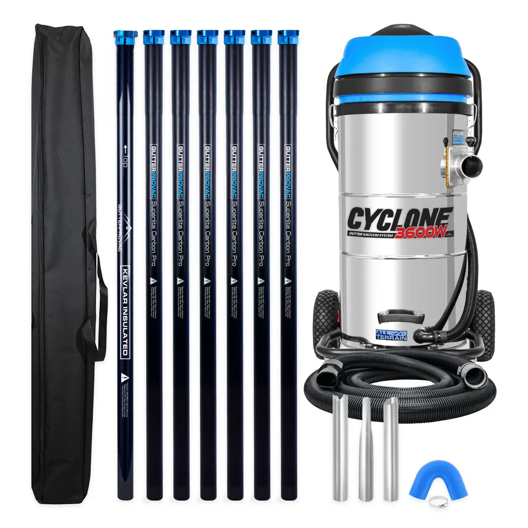 Cyclone II 3600W 27 gallon stainless steel gutter vacuum kit with seven carbon clamping poles, carry bag, hose, nozzles and U-bend