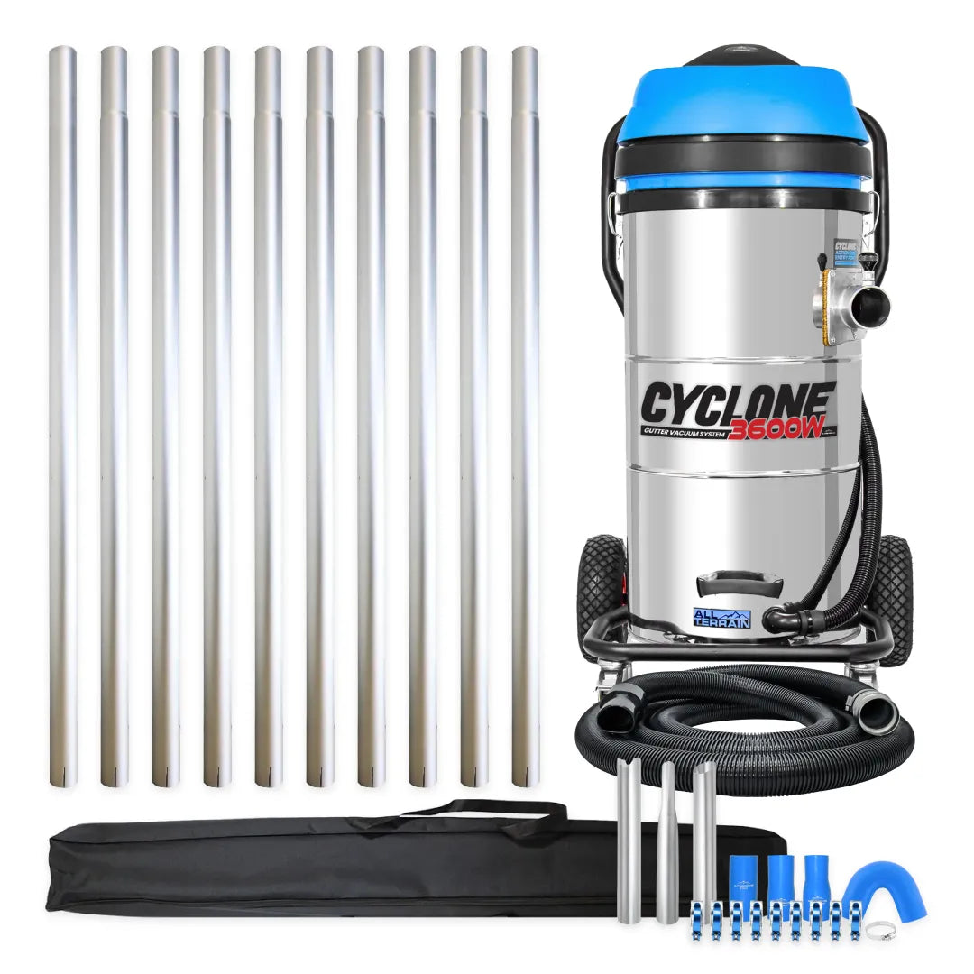 Cyclone II 3600W Stainless Steel 27 Gallon All Terrain Gutter Vacuum with 40 Foot Aluminum Poles and Bag