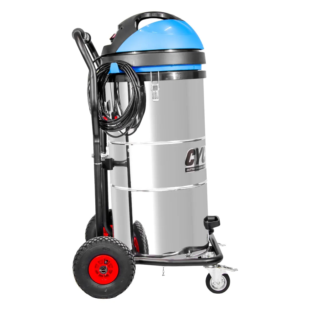 Stainless steel, 27-gallon commercial gutter vacuum on a heavy-duty trolley with a blue motor head and power cord wrapped around the push handle