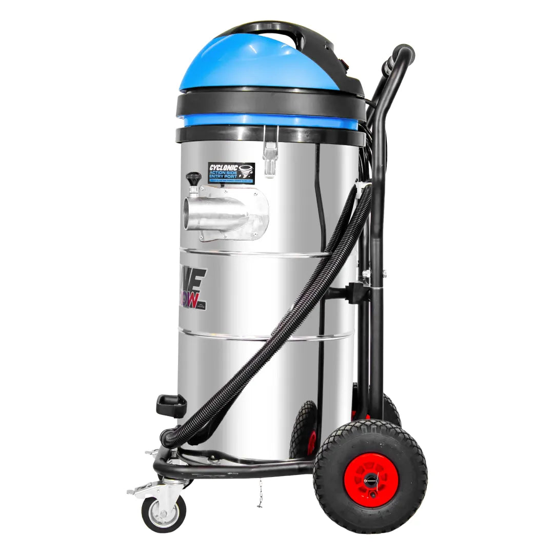 Side view of the 27-gallon stainless steel, 3 motor gutter vacuum showing the cyclonic side inlet port, blue motor head, and rugged red all-terrain rear wheels