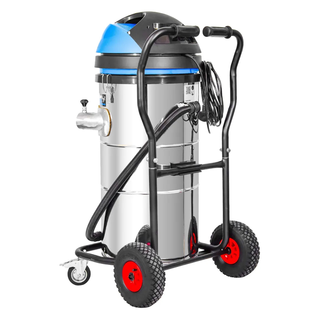 Rear-side angle of 3600W stainless steel gutter vacuum with split handle, red wheels, and coiled power cord