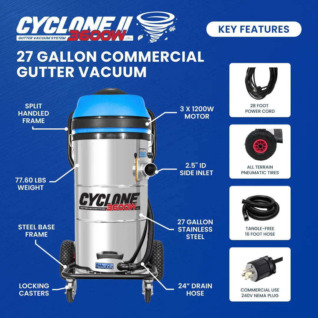 Gutter vacuum infographic listing power, hose length, tank size, mobility features, and accessories for setup use