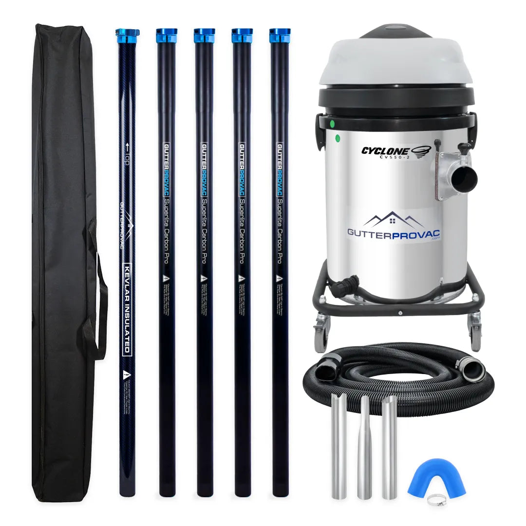 Cyclone CVS50-2 13 gallon residential gutter vacuum kit with five carbon clamping poles, carry bag, hose, nozzles and U-bend
