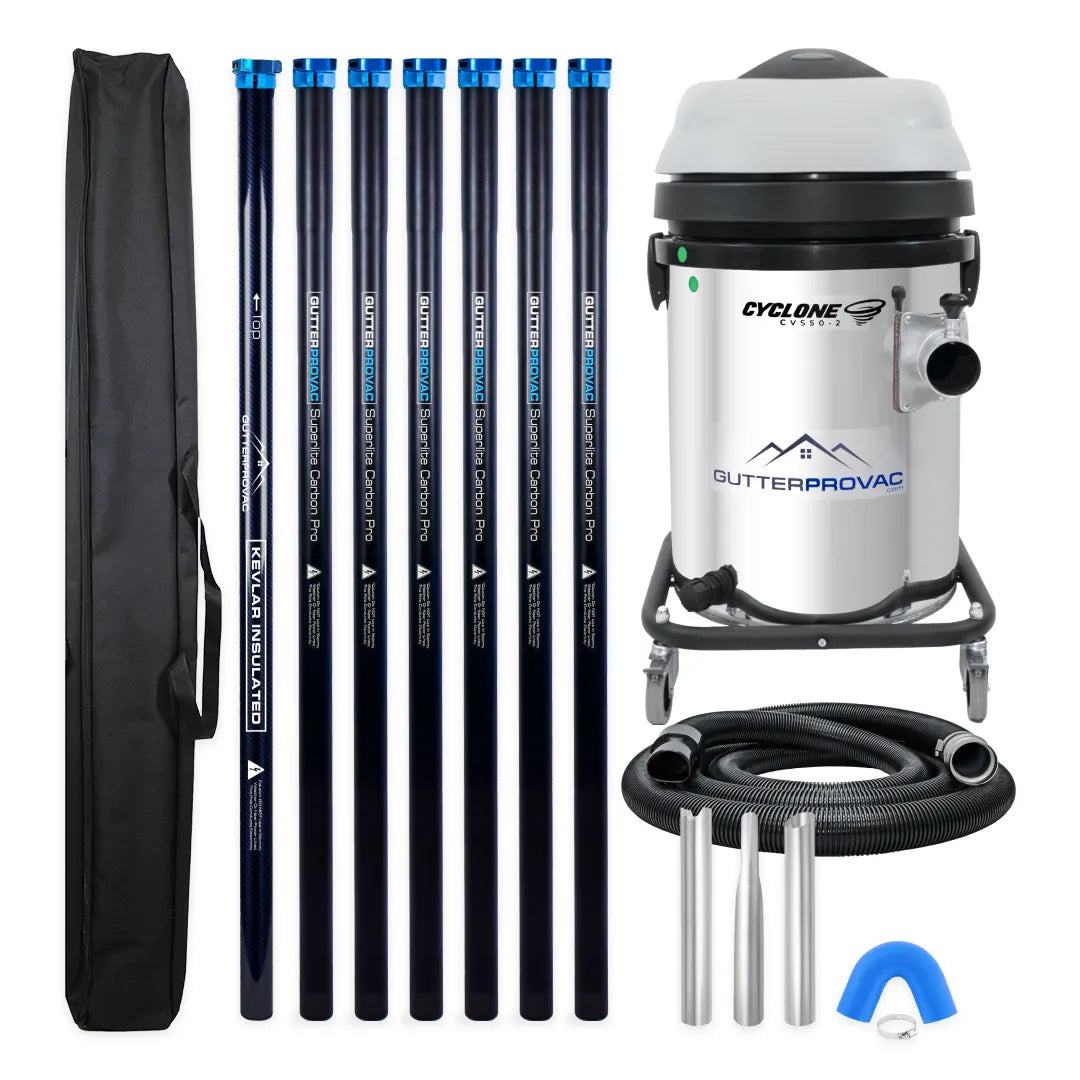 Cyclone CVS50-2 13 gallon residential gutter vacuum kit with seven carbon clamping poles, carry bag, hose, nozzles and U-bend