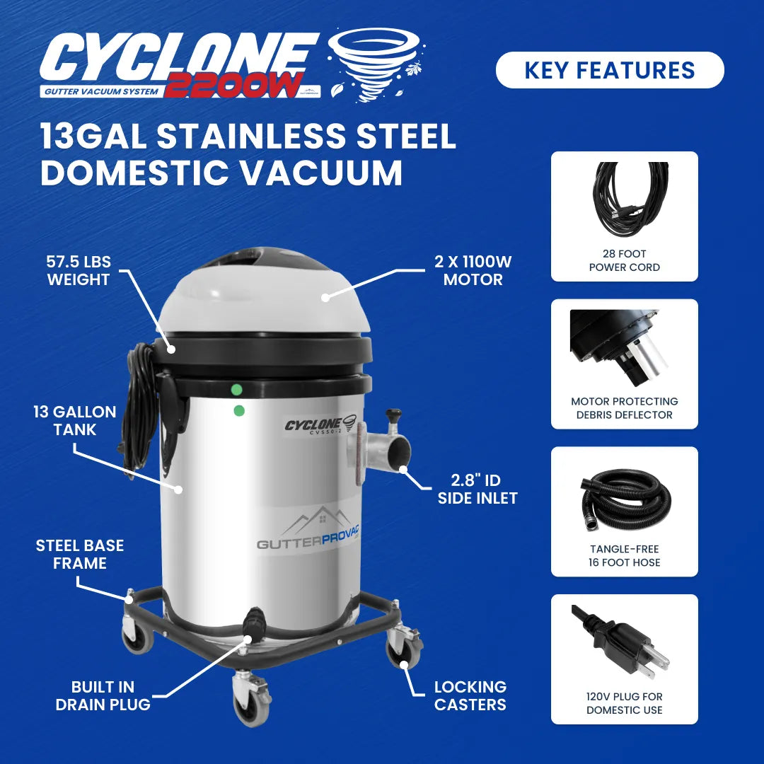 Cyclone 2200W Stainless Steel 13 Gallon Domestic 120v Gutter Vacuum with 28 Foot Carbon Clamping Poles, and Bag